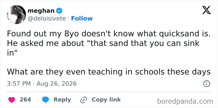 A tweet about a kid asking about quicksand, highlighting the comedy of raising kids.