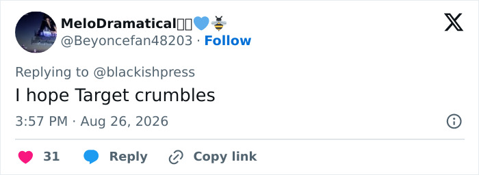 Tweet from MeloDramatical hoping Target crumbles after the racist costume backlash. Tweet from MeloDramatical hoping Target crumbles after the racist costume backlash.