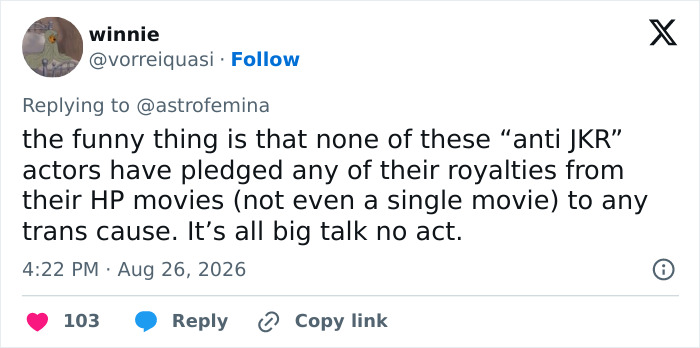 Screenshot of a tweet from winnie about Rupert Grint's Harry Potter role return, criticizing actors for not pledging royalties to trans causes. Screenshot of a tweet from winnie about Rupert Grint's Harry Potter role return, criticizing actors for not pledging royalties to trans causes.