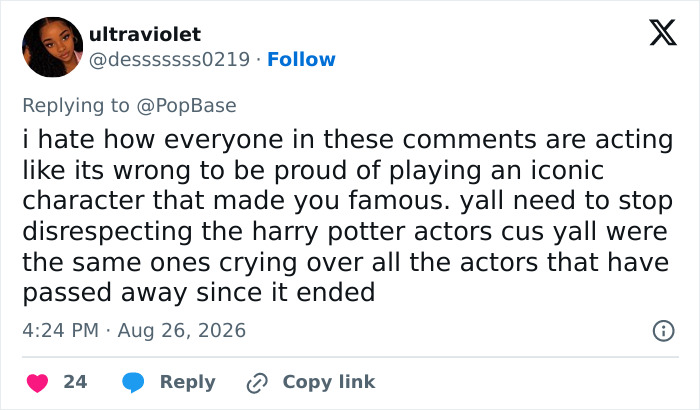 A social media post from 'ultraviolet' defending Harry Potter role actors from disrespect. A social media post from 'ultraviolet' defending Harry Potter role actors from disrespect.