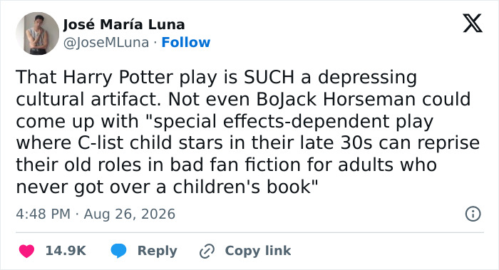 A tweet about the Harry Potter play, referencing Rupert Grint and his iconic role. A tweet about the Harry Potter play, referencing Rupert Grint and his iconic role.