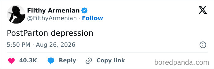 A tweet about PostParton depression, part of funny tweets for a good mood.