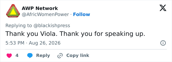 Tweet by AWP Network thanking Viola Davis for speaking up about the racist costume backlash. Tweet by AWP Network thanking Viola Davis for speaking up about the racist costume backlash.
