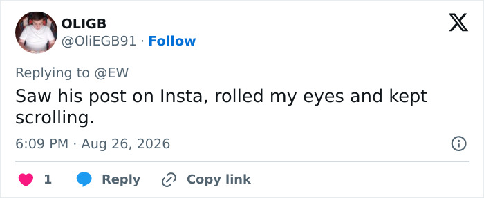 A social media comment from @OliEGB91, showing disinterest in Ricky Schroeder's tribute to country legend Dolly Parton. A social media comment from @OliEGB91, showing disinterest in Ricky Schroeder's tribute to country legend Dolly Parton.