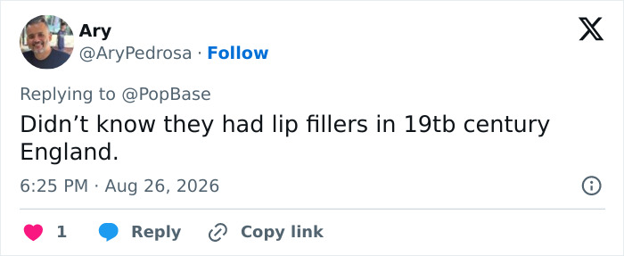 A tweet questioning the presence of lip fillers in 19th-century England, highlighting movie fans concern about plastic surgery. A tweet questioning the presence of lip fillers in 19th-century England, highlighting movie fans concern about plastic surgery.