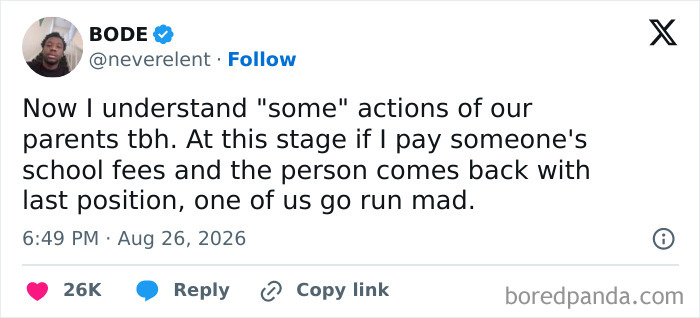 A tweet from BODE discussing the comedy of raising kids and understanding parents.