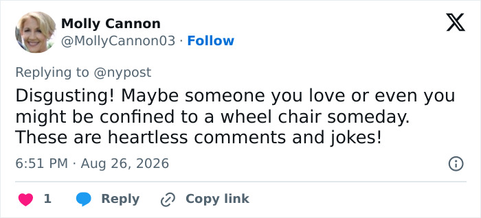 A social media post from Molly Cannon expressing disgust at heartless comments. Restaurant breaks silence after offensive birthday message.