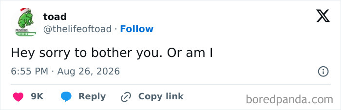 Funny tweet from toad saying Hey sorry to bother you. Or am I, for a good mood in August.