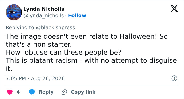 Tweet from Lynda Nicholls calling the Target costume blatant racism and not related to Halloween. Tweet from Lynda Nicholls calling the Target costume blatant racism and not related to Halloween.