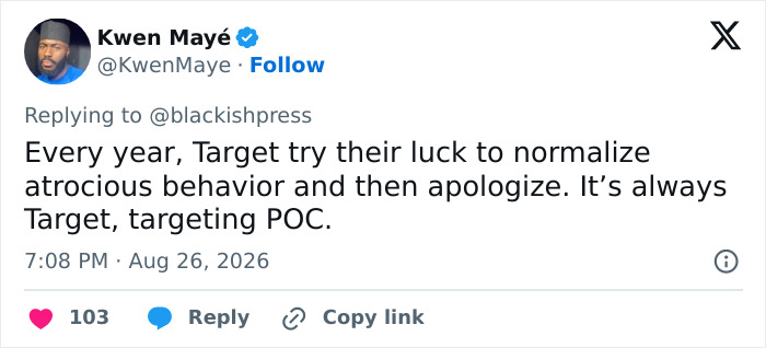 A social media post criticizing Target's repeated apologies for racist costume backlash and behavior. A social media post criticizing Target's repeated apologies for racist costume backlash and behavior.