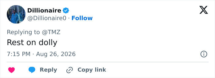 Screenshot of a tweet from Dillionaire saying Rest on dolly, related to Dolly Parton's co-star controversy. Screenshot of a tweet from Dillionaire saying Rest on dolly, related to Dolly Parton's co-star controversy.