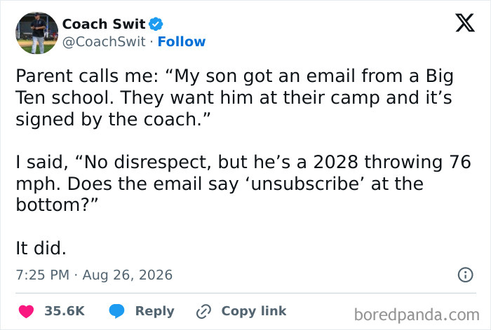 Coach Swit tweets about the comedy of a parent receiving a fake Big Ten school email for their kid.