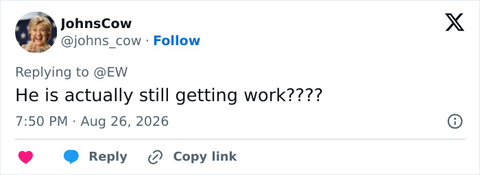 Screenshot of a tweet from JohnsCow asking about Dolly Parton's co-star getting work, sparking backlash. Screenshot of a tweet from JohnsCow asking about Dolly Parton's co-star getting work, sparking backlash.