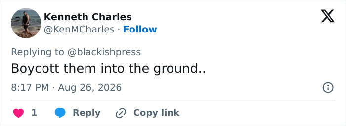 Screenshot of a social media post by user Kenneth Charles calling for a boycott of Target after the racist costume backlash. Screenshot of a social media post by user Kenneth Charles calling for a boycott of Target after the racist costume backlash.