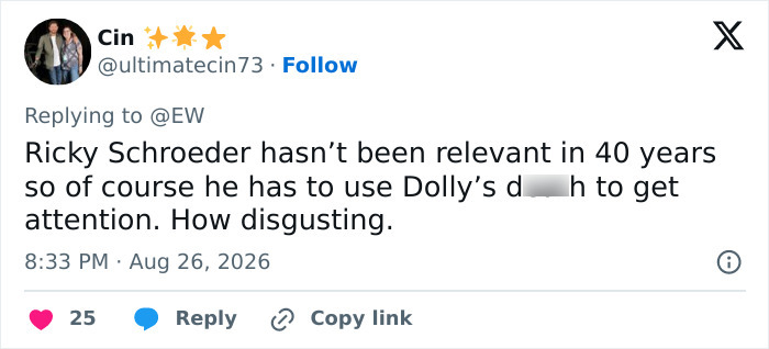 A social media comment from @ultimatecin73, criticizing Ricky Schroeder and his disrespectful tribute to country legend Dolly Parton. A social media comment from @ultimatecin73, criticizing Ricky Schroeder and his disrespectful tribute to country legend Dolly Parton.