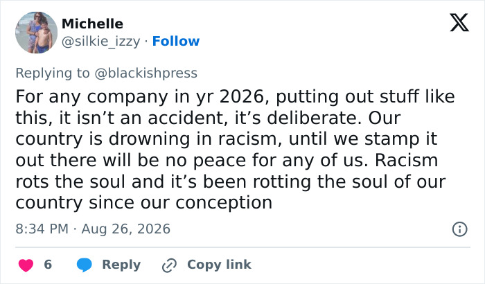 Tweet from Michelle stating that Target's racist costume was deliberate, calling it blatant racism. Tweet from Michelle stating that Target's racist costume was deliberate, calling it blatant racism.