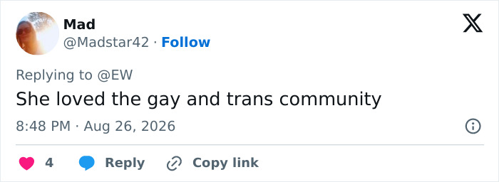 A social media comment from @Madstar42, highlighting Dolly Parton's love for the gay and trans community. A social media comment from @Madstar42, highlighting Dolly Parton's love for the gay and trans community.