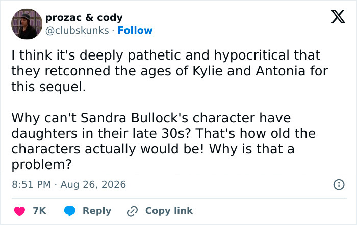 A tweet criticizing the deeply pathetic recasting of Sandra Bullock's daughters for the sequel. A tweet criticizing the deeply pathetic recasting of Sandra Bullock's daughters for the sequel.