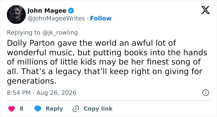 Tweet praising Dolly Parton's legacy of music and literacy, contrasting with J.K. Rowling's controversial opinions. Tweet praising Dolly Parton's legacy of music and literacy, contrasting with J.K. Rowling's controversial opinions.