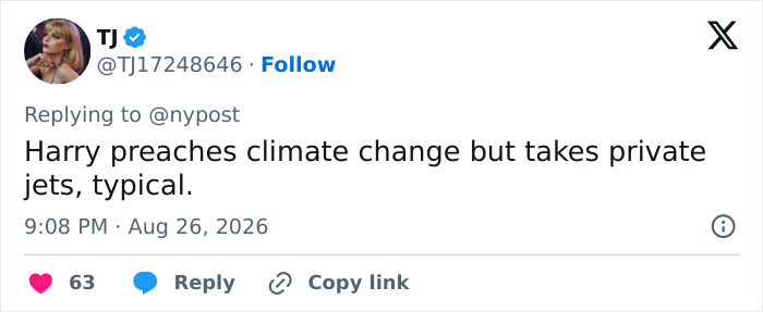 Tweet expressing outrage over Prince Harrys private jet use during his and Meghan Markles UK return. Tweet expressing outrage over Prince Harrys private jet use during his and Meghan Markles UK return.