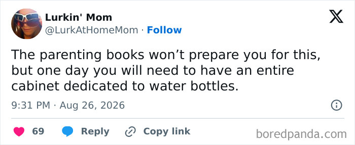 A tweet about the comedy of raising kids, needing an entire cabinet for water bottles, a common parenting struggle.