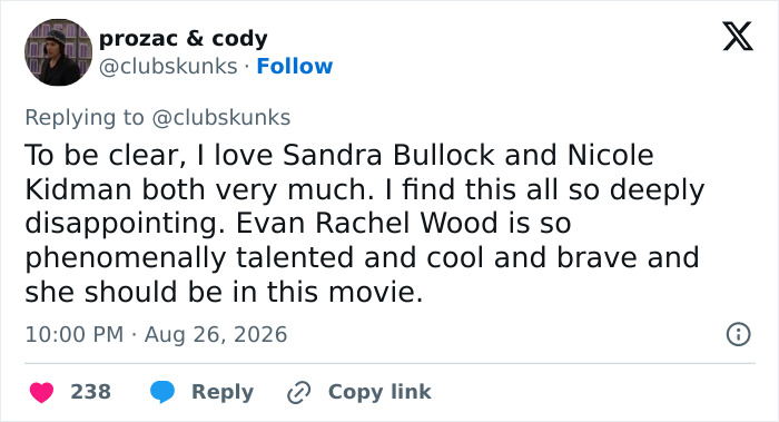 A tweet expresses disappointment over the recasting in the Sandra Bullock sequel, praising Evan Rachel Wood. A tweet expresses disappointment over the recasting in the Sandra Bullock sequel, praising Evan Rachel Wood.