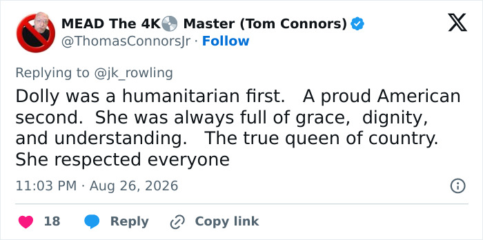Tweet accusing J.K. Rowling of controversial opinions regarding Dolly Parton. MEAD The 4K Master tweet praising Dolly Parton. Tweet accusing J.K. Rowling of controversial opinions regarding Dolly Parton. MEAD The 4K Master tweet praising Dolly Parton.