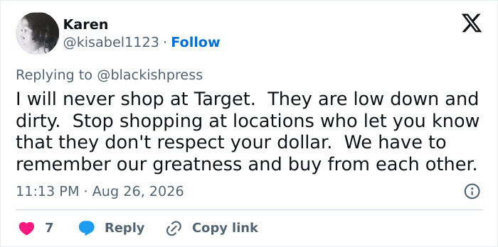 Tweet from Karen about never shopping at Target again after a racist costume incident. Tweet from Karen about never shopping at Target again after a racist costume incident.