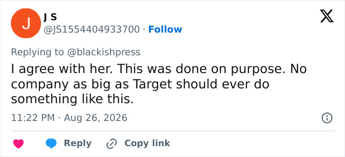 Tweet from JS agreeing that Target's racist costume was on purpose and shouldn't have happened. Tweet from JS agreeing that Target's racist costume was on purpose and shouldn't have happened.