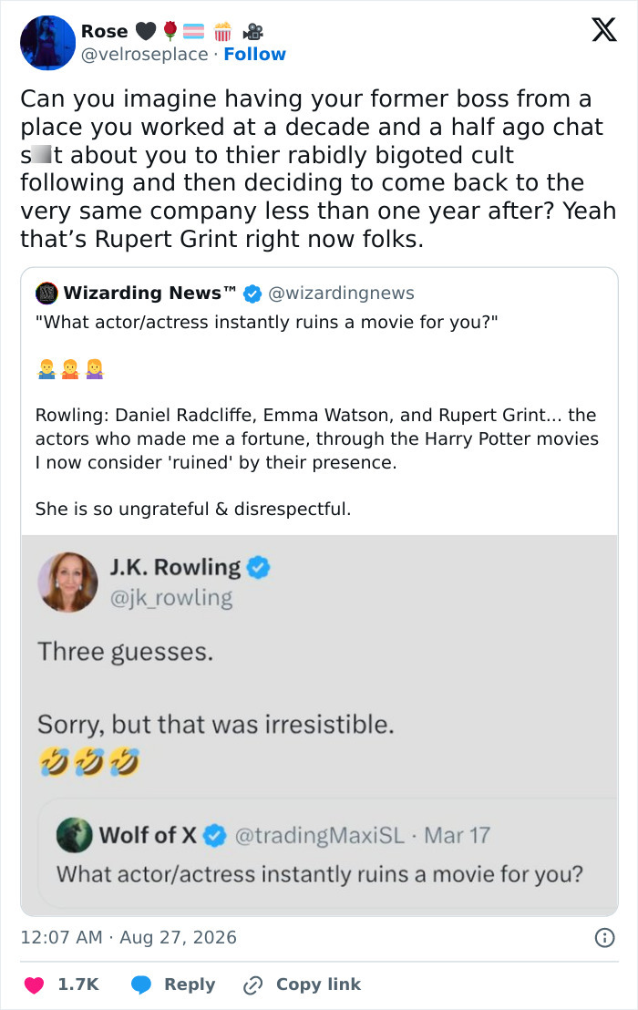 Screenshot of a tweet discussing Rupert Grint and Harry Potter role return. Screenshot of a tweet discussing Rupert Grint and Harry Potter role return.