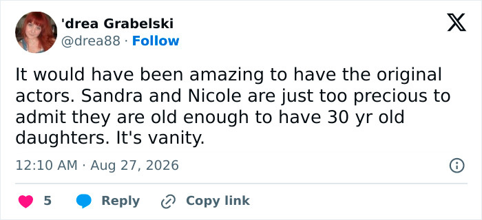 A social media post by 'drea Grabelski expressing disappointment about original actors not returning for the Sandra Bullock sequel. A social media post by 'drea Grabelski expressing disappointment about original actors not returning for the Sandra Bullock sequel.