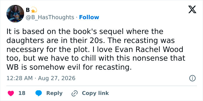 A tweet about the Sandra Bullock sequel recasting, stating the recasting was necessary for the plot. A tweet about the Sandra Bullock sequel recasting, stating the recasting was necessary for the plot.