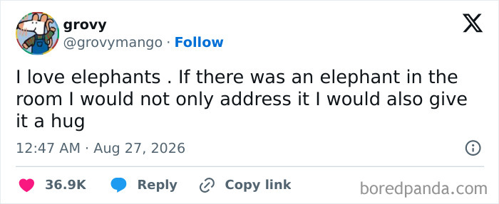 Funny tweet by grovy expressing love for elephants and desire to hug one, keeping up the good mood.