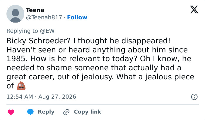 Social media comment about Ricky Schroeder, questioning his relevance and suggesting jealousy over Dolly Parton's career. Social media comment about Ricky Schroeder, questioning his relevance and suggesting jealousy over Dolly Parton's career.