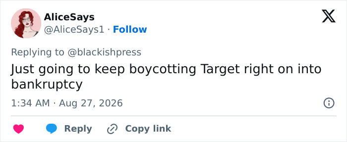 Screenshot of a social media post by user AliceSays committing to boycotting Target due to the racist costume. Screenshot of a social media post by user AliceSays committing to boycotting Target due to the racist costume.