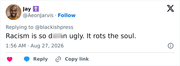 Screenshot of a social media post by user Jay discussing the ugliness of racism and its impact. Screenshot of a social media post by user Jay discussing the ugliness of racism and its impact.