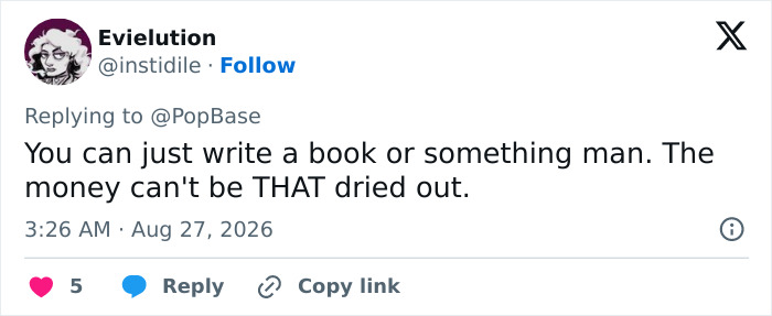 A social media post from 'Evielution' suggesting writing a book instead of a Harry Potter role return. A social media post from 'Evielution' suggesting writing a book instead of a Harry Potter role return.