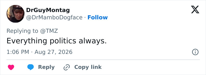 Social media comment mentioning politics, related to the backlash over Dolly Parton's co-star's tribute. Social media comment mentioning politics, related to the backlash over Dolly Parton's co-star's tribute.