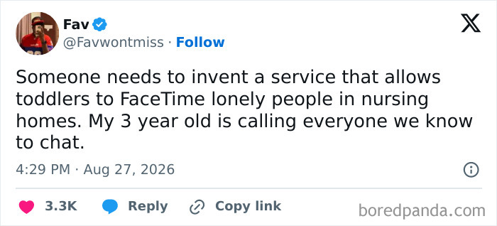 A tweet suggesting a service for toddlers to FaceTime lonely people in nursing homes, highlighting the comedy of raising kids.