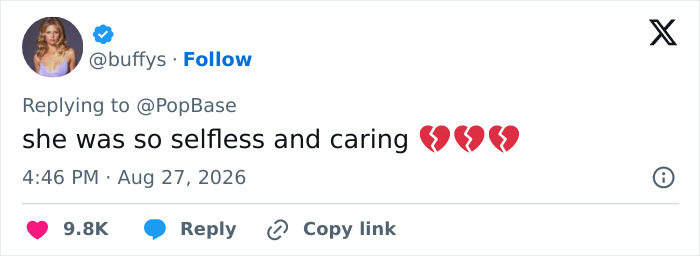 A tweet by buffys, @buffys, with three broken heart emojis, praising Dolly Parton: she was so selfless and caring. A tweet by buffys, @buffys, with three broken heart emojis, praising Dolly Parton: she was so selfless and caring.