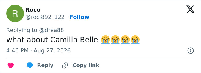 A social media post asking about Camilla Belle and the Hollywood recasting issue in the Sandra Bullock sequel. A social media post asking about Camilla Belle and the Hollywood recasting issue in the Sandra Bullock sequel.