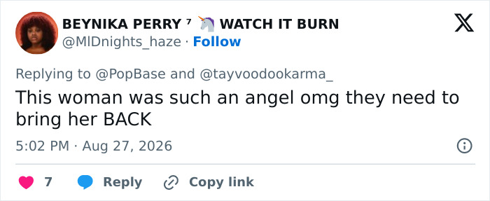 A tweet by BEYNIKA PERRY, @MIDnights_haze, with a unicorn emoji, stating: This woman was such an angel omg they need to bring her BACK. A tweet by BEYNIKA PERRY, @MIDnights_haze, with a unicorn emoji, stating: This woman was such an angel omg they need to bring her BACK.