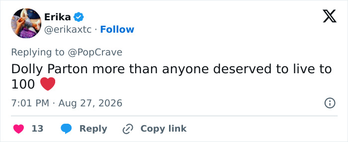 Screenshot of a tweet praising Dolly Parton’s selfless offer during her cancer battle, stating she deserved to live to 100. Screenshot of a tweet praising Dolly Parton’s selfless offer during her cancer battle, stating she deserved to live to 100.