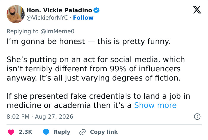 Screenshot of a tweet by Hon. Vickie Paladino discussing influencer career journey and potential jail time. Screenshot of a tweet by Hon. Vickie Paladino discussing influencer career journey and potential jail time.