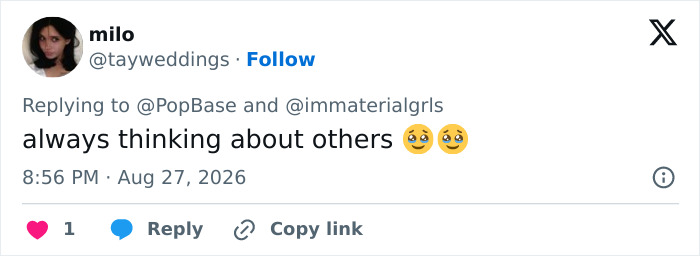 A tweet by milo, @tayweddings, with two crying emojis, commenting on Dolly Parton's selfless offer: always thinking about others. A tweet by milo, @tayweddings, with two crying emojis, commenting on Dolly Parton's selfless offer: always thinking about others.