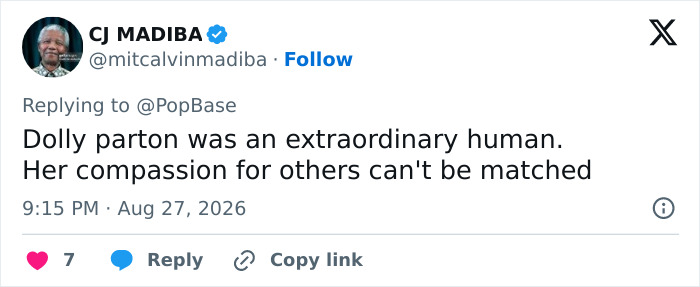 Screenshot of a tweet praising Dolly Parton’s selfless offer, describing her as an extraordinary human with unmatched compassion. Screenshot of a tweet praising Dolly Parton’s selfless offer, describing her as an extraordinary human with unmatched compassion.
