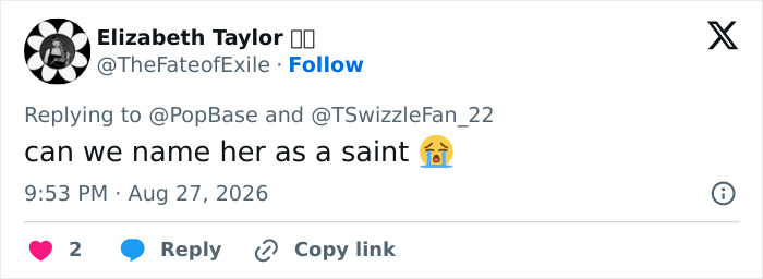 A social media post from Elizabeth Taylor with the text, can we name her as a saint 😭 A social media post from Elizabeth Taylor with the text, can we name her as a saint 😭