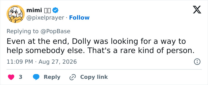 Screenshot of a tweet mentioning Dolly Parton’s selfless offer, noting her constant desire to help others. Screenshot of a tweet mentioning Dolly Parton’s selfless offer, noting her constant desire to help others.