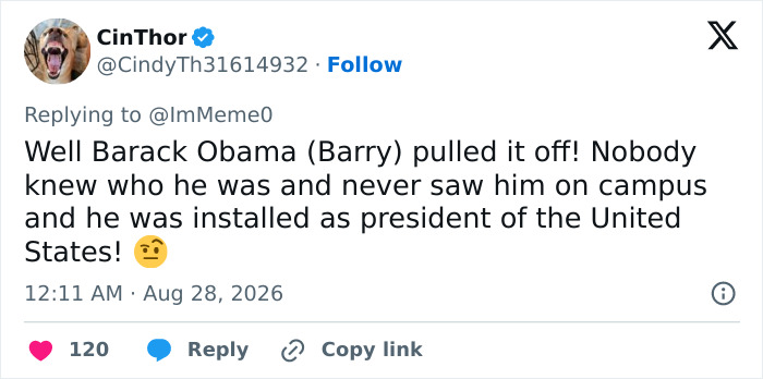 A tweet humorously comparing an influencer's faked career journey to Barack Obama, regarding career journey and public perception. A tweet humorously comparing an influencer's faked career journey to Barack Obama, regarding career journey and public perception.