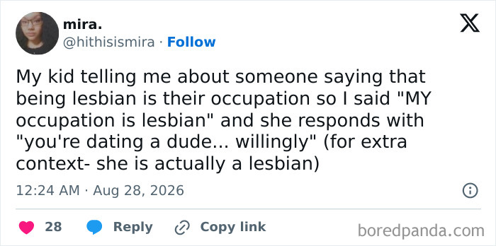 A tweet about a kid's funny response to a parent's comment about being lesbian, showcasing the comedy of raising kids.